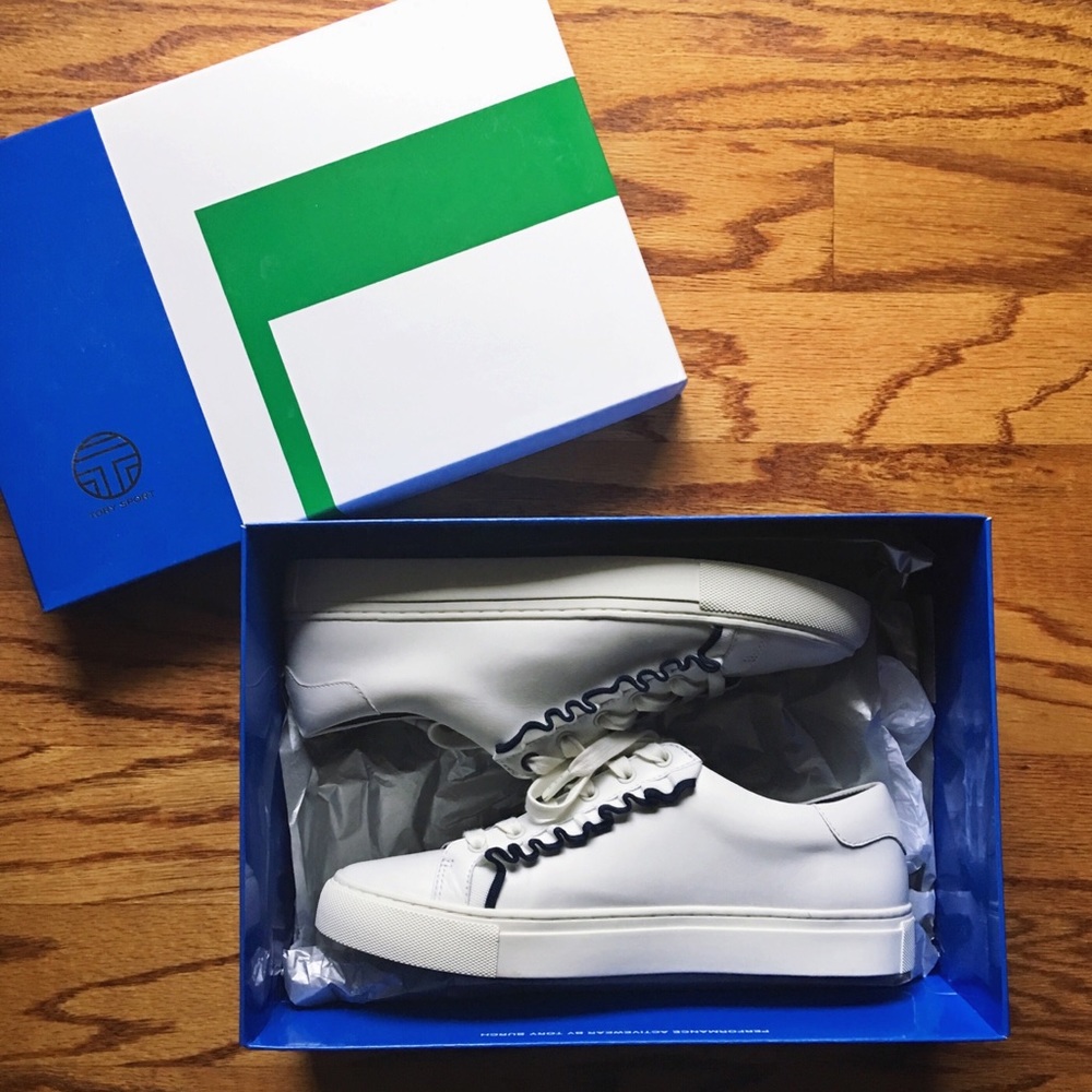 Tory Burch Sport White & Navy Ruffle Sneaker